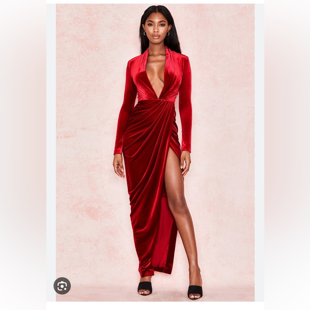 House of CB red velvet dress with a slit